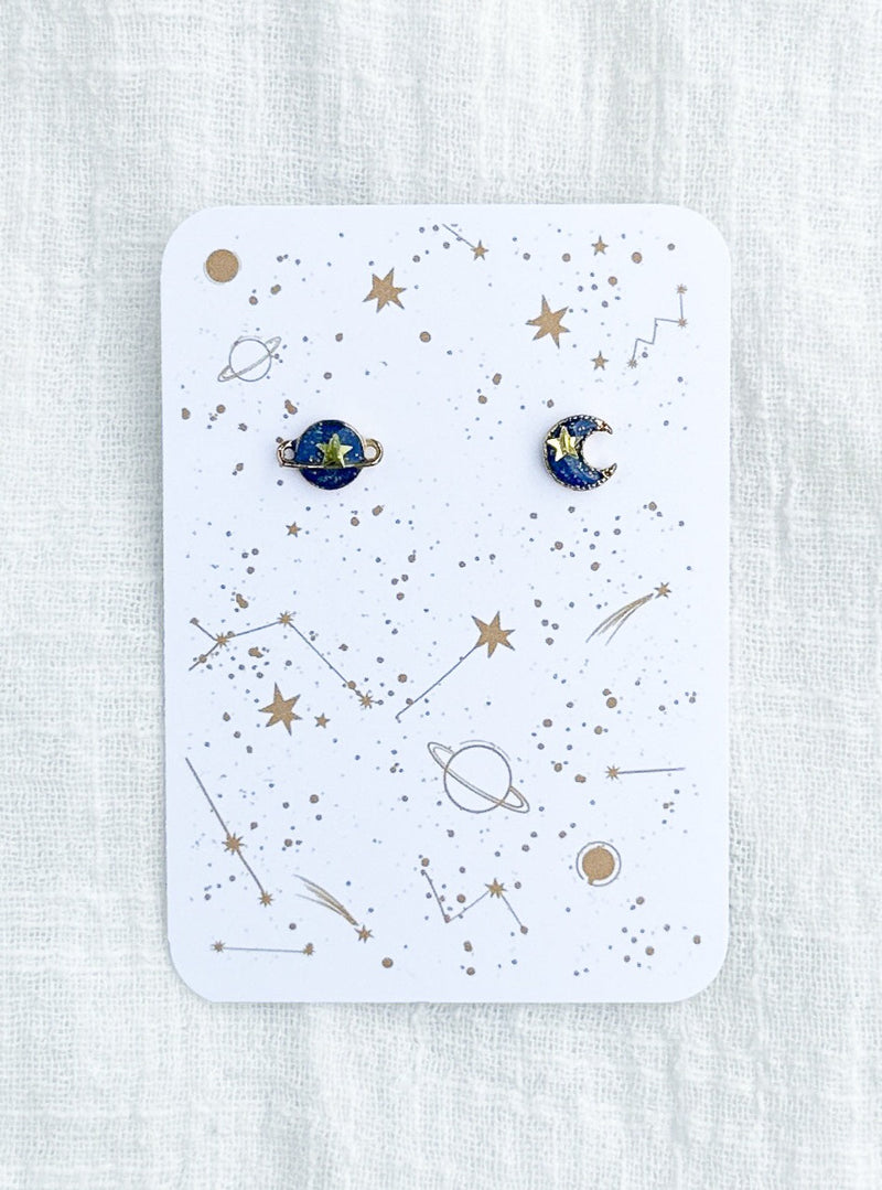planet and moon and start blue and gold stud earrings