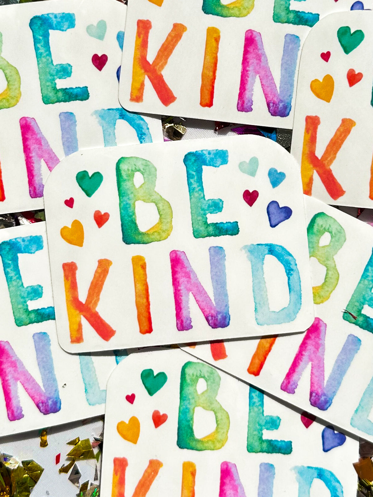 be kind colorful watercolor design with hearts waterproof vinyl sticker
