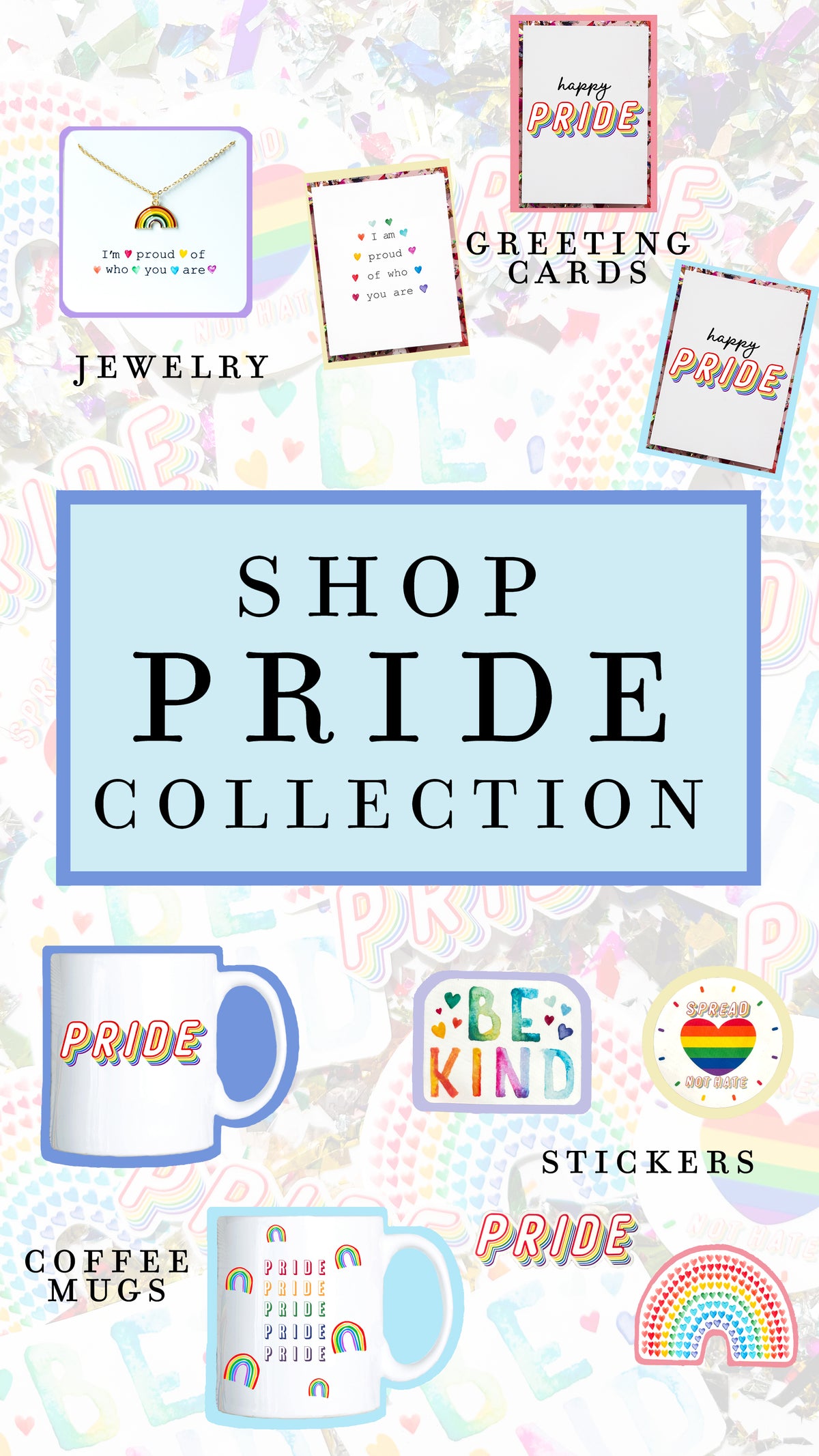 pride collection of pride stickers, pride greeting cards, pride jewelry and pride coffee mugs