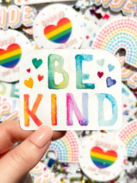 be kind colorful watercolor design with hearts laminate over vinyl sticker