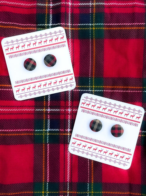 buffalo plaid fabric button stud earrings double