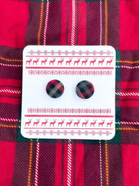 buffalo plaid fabric button stud earrings double