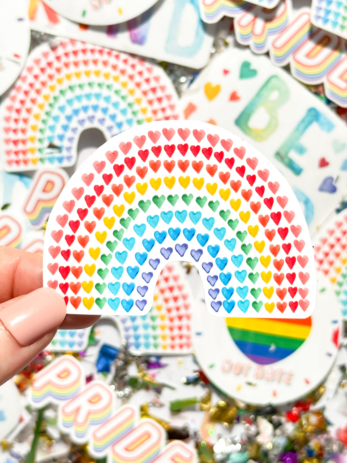 Mini hearts colorful rainbow laminate vinyl sticker
