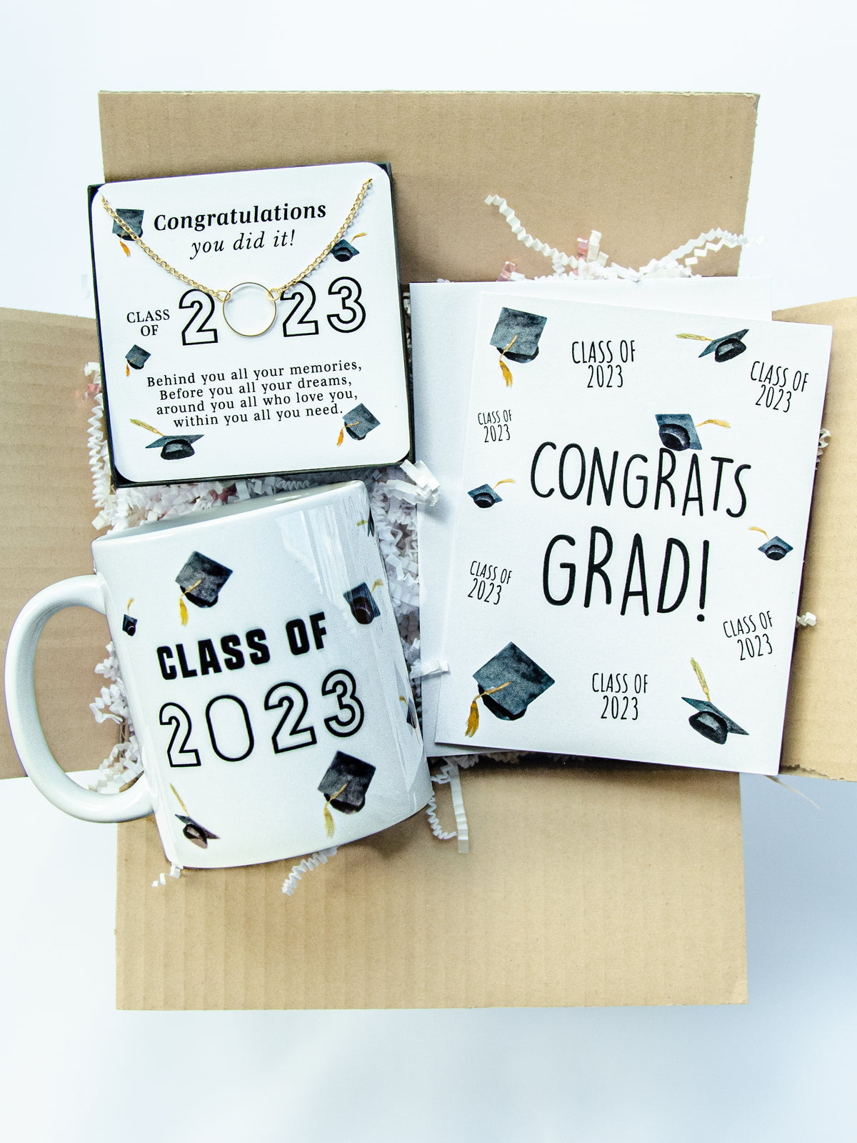 2023 graduation gift box, grad gift box for her, graduation necklace, 2023 graduation greeting card, class of 2023 coffee mug