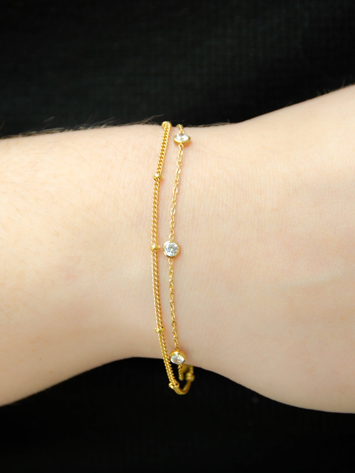 14K gold two layer chain bracelet with crystal charms