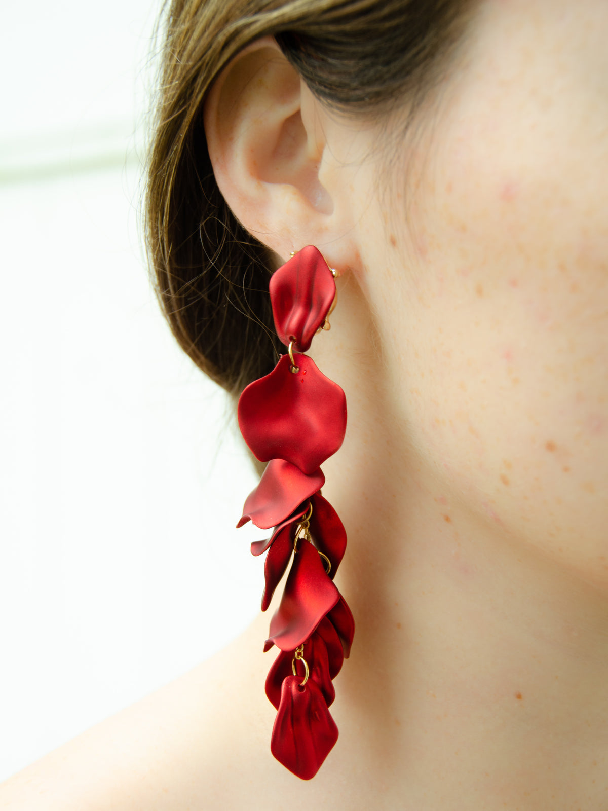 Long Red Rose Petal Dangle lightweight acrylic tassel statement earrings