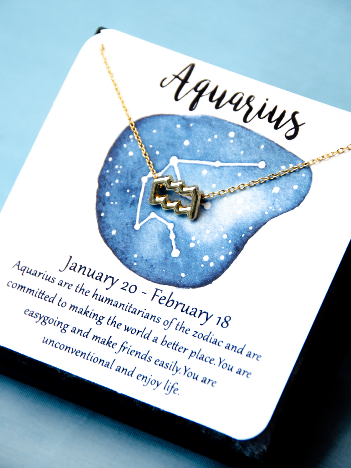 zodiac Aquarius astrological necklace on horoscope card