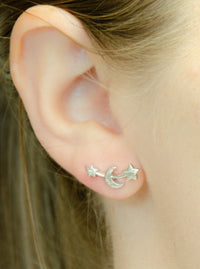sterling silver .925 stars moon stud earrings, celestial constellation, crescent moon, geometric boho jewelry