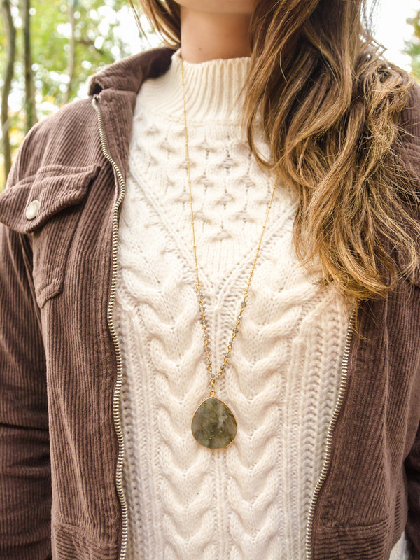 Gray Marble Stone Beaded Pendant Gold Long Necklace