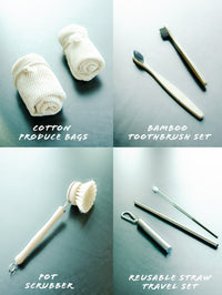 Eco-Friendly Plastic Free Starter Kit Bundle Gift Box,Cotton Produce Bag,Bamboo Toothbrush,Resusable Travel Straw,Biodegradable Pot Scrubber