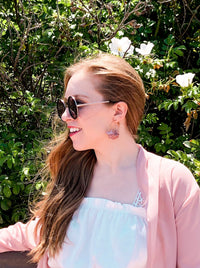 pale pink layered flower petal hoop earrings, floral statement hoop earrings