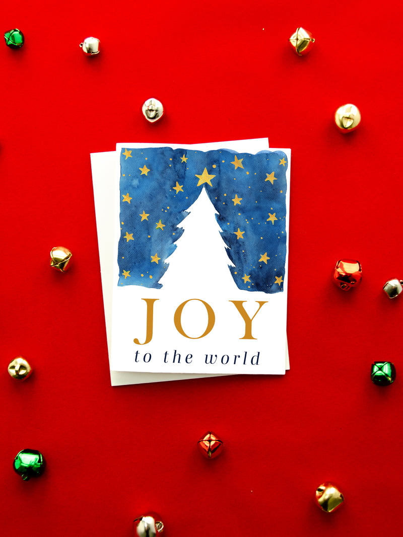 Joy To The World Holiday Card Set, Seasons Greeting Christmas Card, Christmas Tree Starry Night Card, Handmade Holiday Greeting Card Set. Blue Gol color palette.