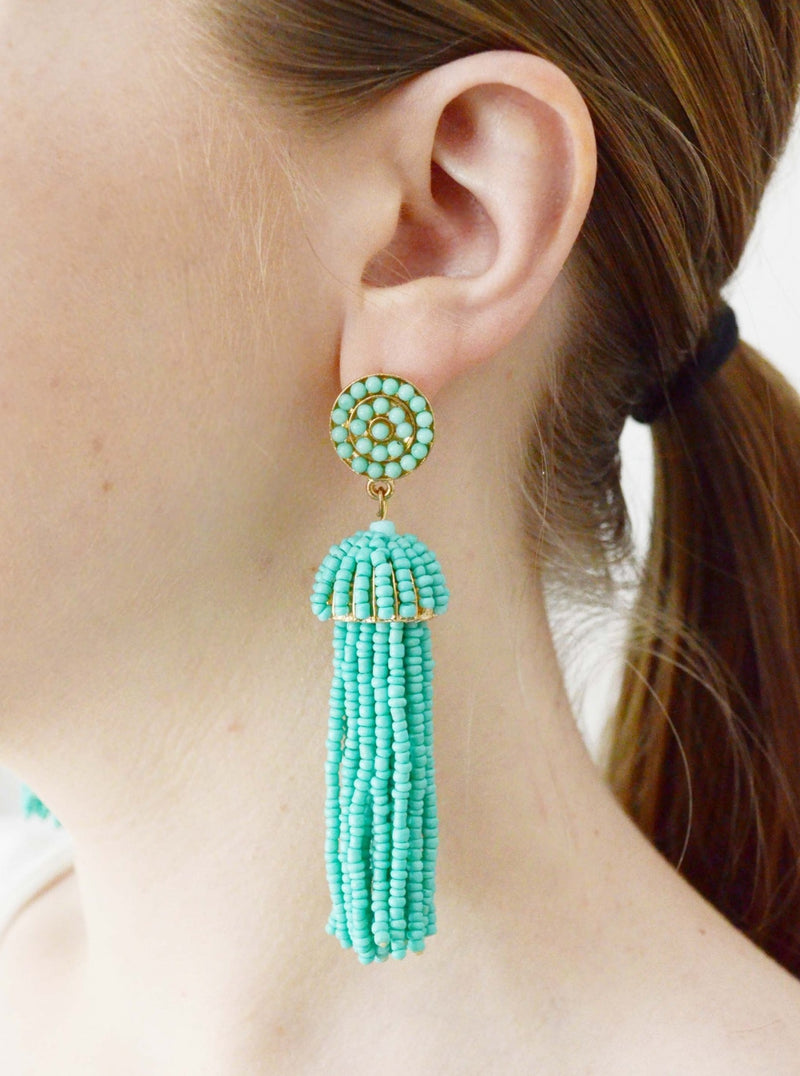summer paradise seafoam green tassel earrings