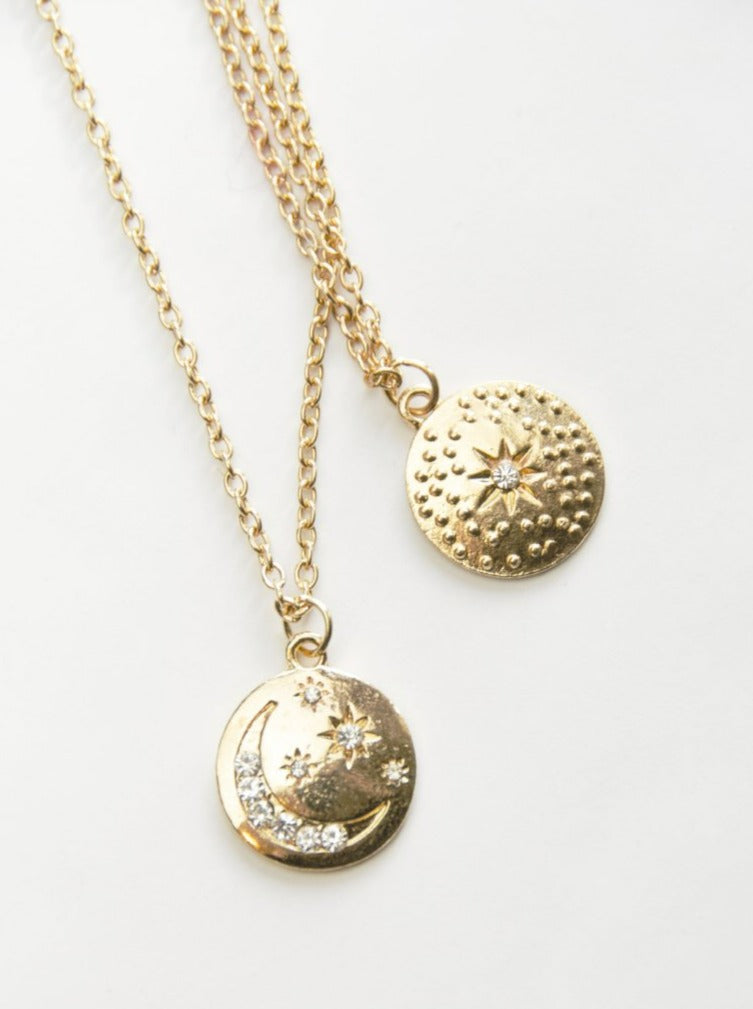 gold celestial sun moon layered pendant necklace
