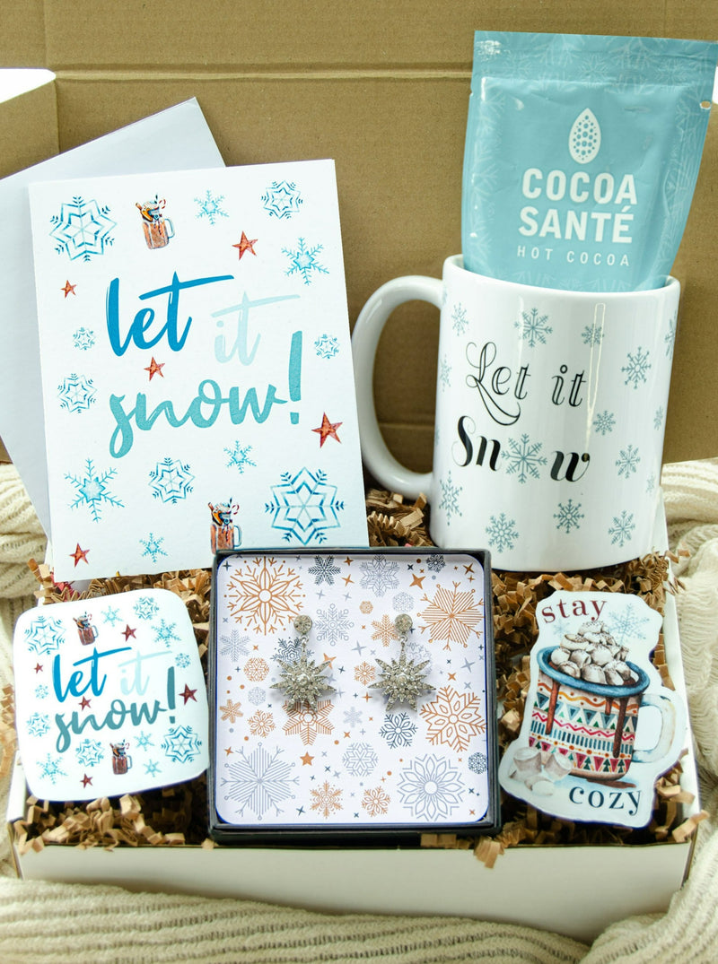 winter gift box , let it snow mug, snowflake earrings, winter stickers, let is snow greeting card